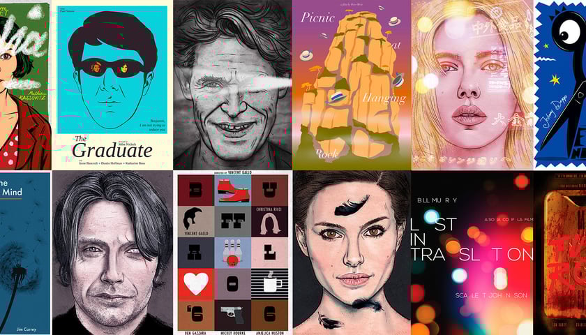 Na zdjęciach plakaty filmowe i portrety gwiazd Hollywood, czyli prace grafika Michała Matoszki