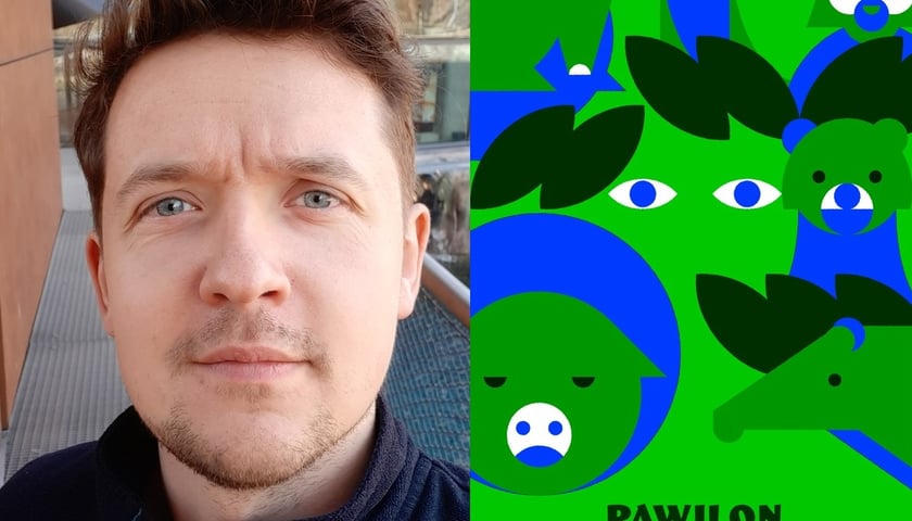 Twarz Patryka Pufelskiego, obok okładka jego książki „Pawilon małych ssaków”