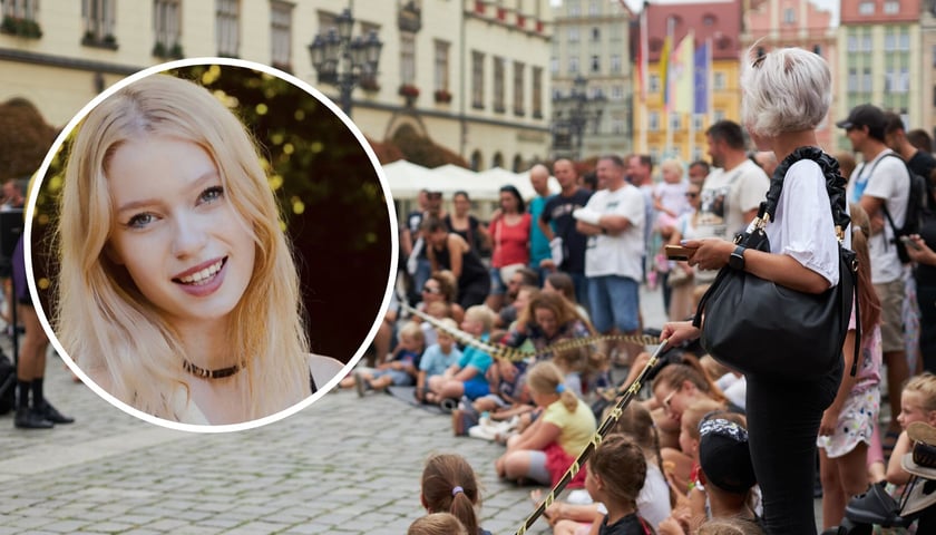 Kolaż dwóch zdjęć. W tle wrocławski rynek i publiczność oglądająca występy ulicznych artystów. W kółku - Emi Salva