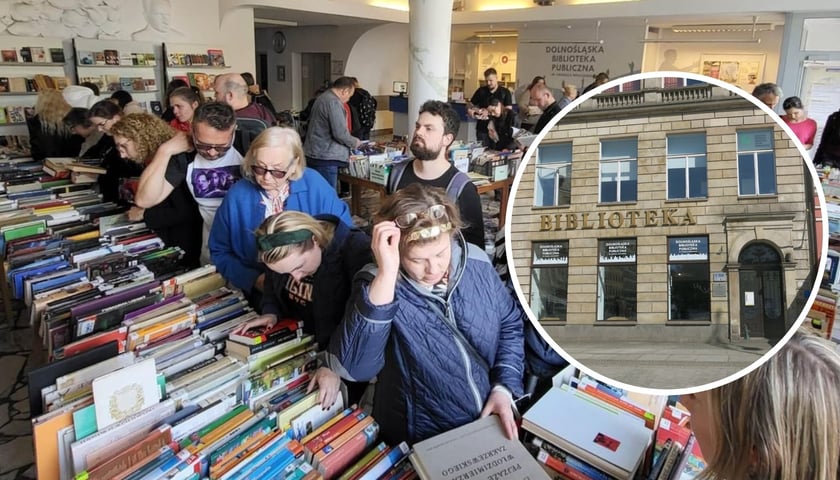 Na dużym zdjęciu ludzie szukający książek na giełdzie, na małym zdjęciu w kółku budynek Dolnośląskiej Biblioteki Publicznej w Rynku