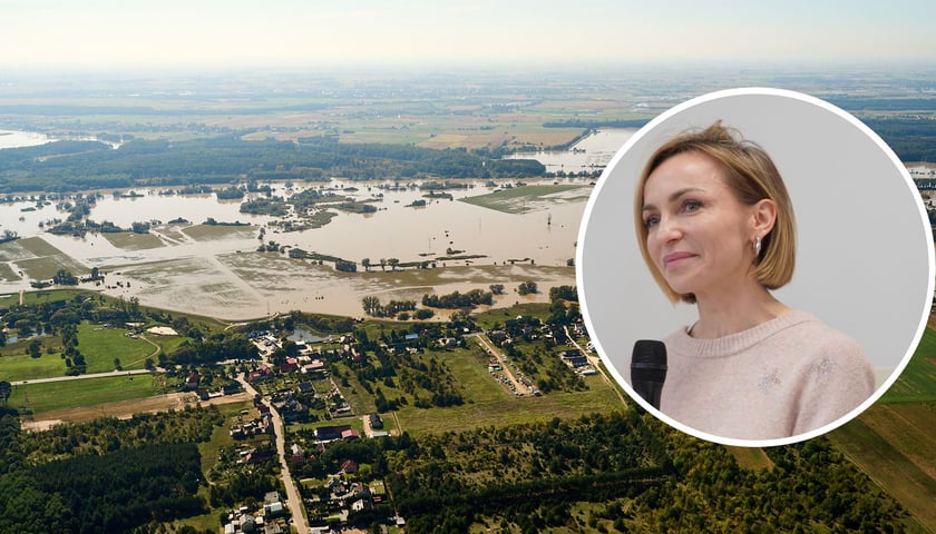 Na dużym zdjęciu tereny powodziowe fotografowane z lotu ptaka, na małym zdjęciu wokalistka Anna Wyszkoni, która wzięła udział w sesji nagraniowej piosenki „Moja i twoja nadzieja”  