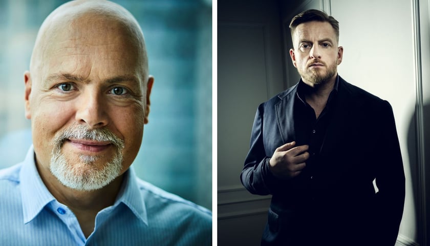 Dwa zdjęcia, z lewej Marek Krajewski, z prawej Szczepan Twardoch