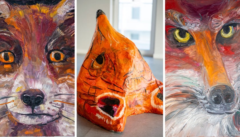 Na zdjęciu trzy przedstawienia lisa z prac Poli Dwurnik w Krupa Gallery