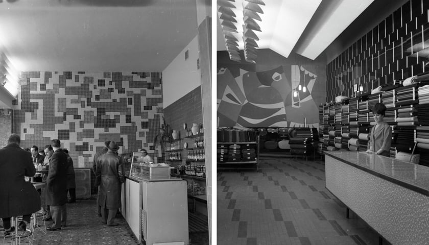 Z lewej Bar Wiking, ul. Świerczewskiego (obecnie ul. Piłsudskiego), 1965. proj. Danuta Kowalczyk, obok sklep z wełnami Merino, pl. PKWN (obecnie pl. Legionów), 1964, proj. Barbara Łukaszewicz - zdjęcia z wystawy "Nowoczesne wnętrze" w MAW