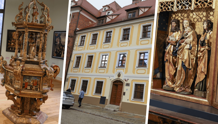 Zestawienie trzech zdjęć: bogato zdobiona ornamentyką chrzcielnica drewniana / budynek Muzeum Archidiecezjalnego we Wrocławiu (dawny dom kapituły na Ostrowie Tumskim) / cztery rzeźbione figury, w tym Matka Boża z Dzieciątkiem, w niszy nastawy ołtarzowej  