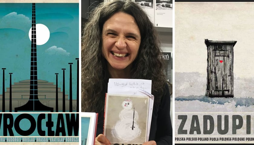Na zdjęciach Beata Szady z książką „Polska według Ryszarda Kai” oraz plakaty Wrocław i Zadupie