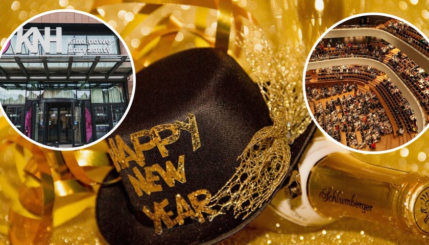 Na zdjęciu głównym kapelusz z napisem Happy New Year i butelka szampana, na małych zdjęciach wejście do Kina Nowe Horyzonty i wnętrze sali Narodowego Forum Muzyki