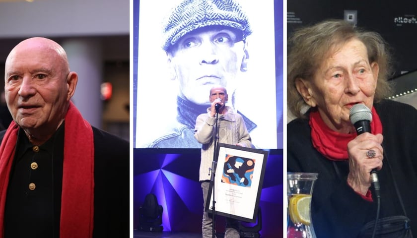 Trzy zdjęcia- od lewej Maestro Christoph Eschenbach, nowy szef Wrocławskich Filharmoników, Lech Janerka z Wrocławską Nagrodą Artystyczną 2024, Urszula Kozioł podczas spotkania w Klubie Proza