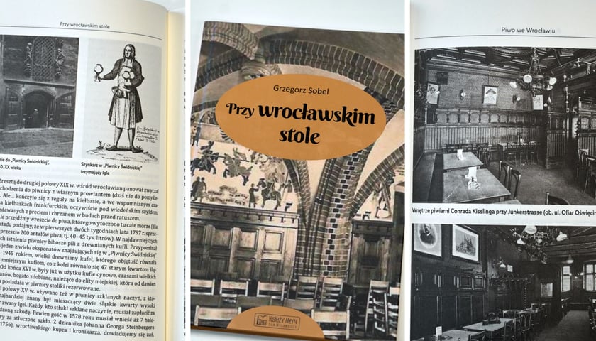 Na trzech zdjęciach okładka książki Grzegorza Sobela i wybrane strony z książki z fotografiami dawnych piwiarni i Piwnicy Świdnickiej