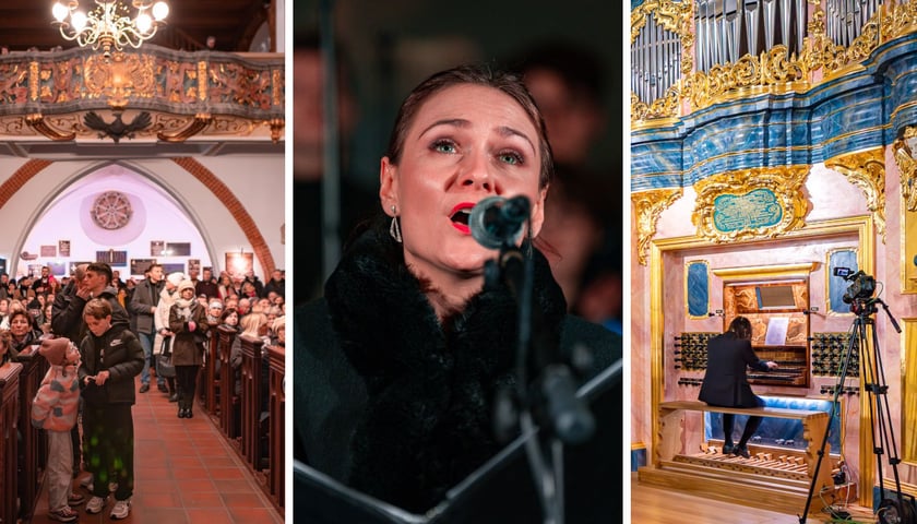 Na trzech zdjęciach publiczność w bazylice św. Elżbiety, solistka Małgorzata Kątnik przy mikrofonie, prof. Piotr Rojek przy stole gry organów Englera