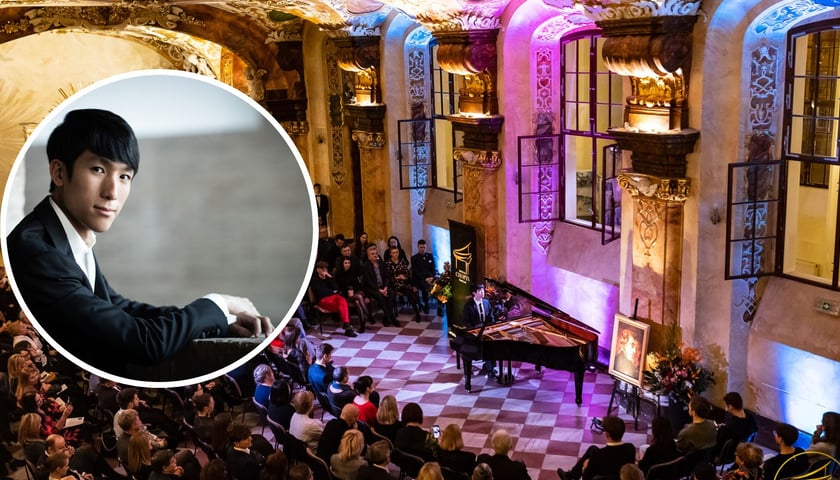Na dużym zdjęciu sala Oratorium Marianum podczas jednego z recitali Chopin Recitals Wrocław, na małym zdjęciu Eric Lu