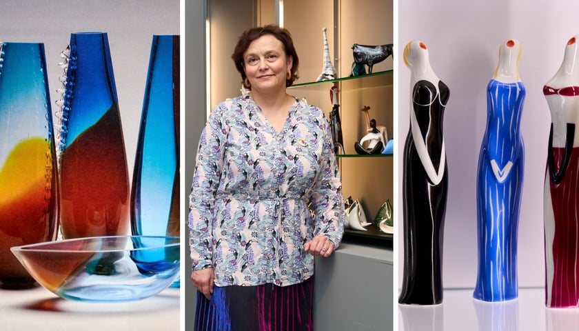 Na trzech zdjęciach – od lewej szklane projekty Aleksandry Kujawskiej, w środku portret dr Barbary Banaś, z prawej figurki projektu Lubomira Tomaszewskiego