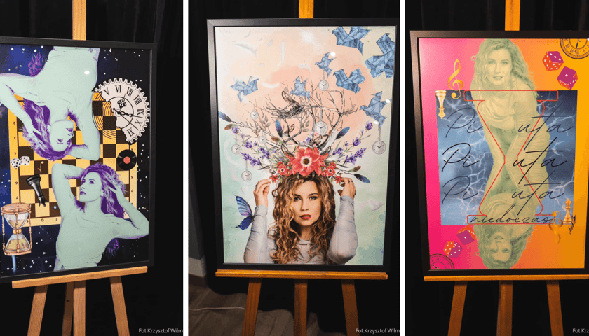 Podczas wernisażu można było oglądać zarówno kolaże jak i grafiki przestrzenne. Małgorzata Matuszewska (autorka wystawy - jej prace widać na zdjęciach) oraz PiNuta postanowiły połączyć muzykę z obrazami