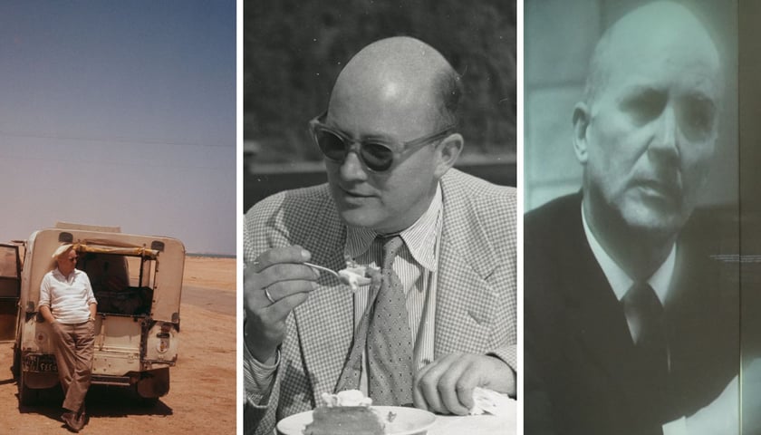 Na zdjęciach Jan Nowak-Jeziorański – od lewej w Egipcie w 1963 roku, jedzący deser, wizualizacja Jana Nowaka-Jeziorańskiego w Muzeum Pana Tadeusza