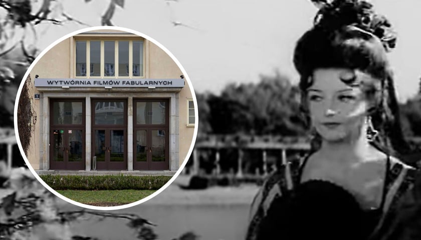 Na dużym zdjęciu kadr z filmu ze sceną nakręconą na wrocławskiej Pergoli, na małym zdjęciu Wytwórnia Filmów Fabularnych, gdzie pomieszkiwał reżyser i pracowała ekipa filmu 