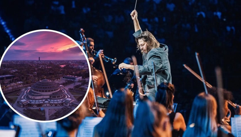 Na dużym zdjęciu Jimek dyrygujący orkiestrą podczas pierwszego koncertu Jimek i Goście. Subklasyka, na małym zdjęciu kompleks Hali Stulecia