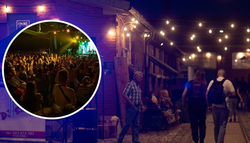 W tle zabudowania dawnej zajezdni Dąbie, widok w stronę klubu Łącznik. W kółku - publiczność na koncercie. Zdjęcia archiwalne, ilustracyjne.