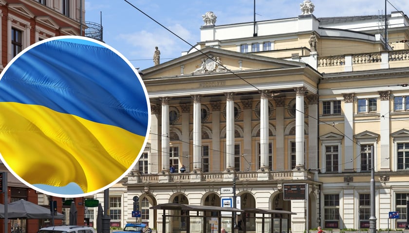 Na dużym zdjęciu gmach Opery Wrocławskiej, na małym flaga Ukrainy 
