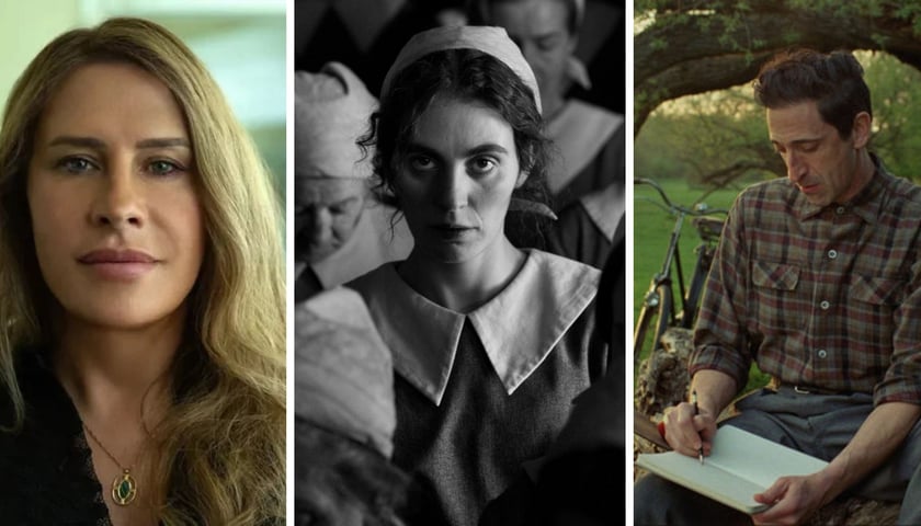 Od lewej – Karla Sofía Gascón w filmie „Emilia Pérez”, Vic Carmen Sonne w „Dziewczynie z igłą”, Adrien Brody w „The Brutalist”