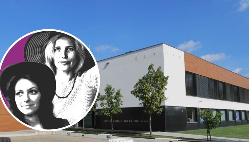 W tle budynek Centrum Kultury Agora przy ul. Serbskiej 5a, w kółku fragment plakatu z wizerunkami Agnieszki Osieckiej i Anny Jantar