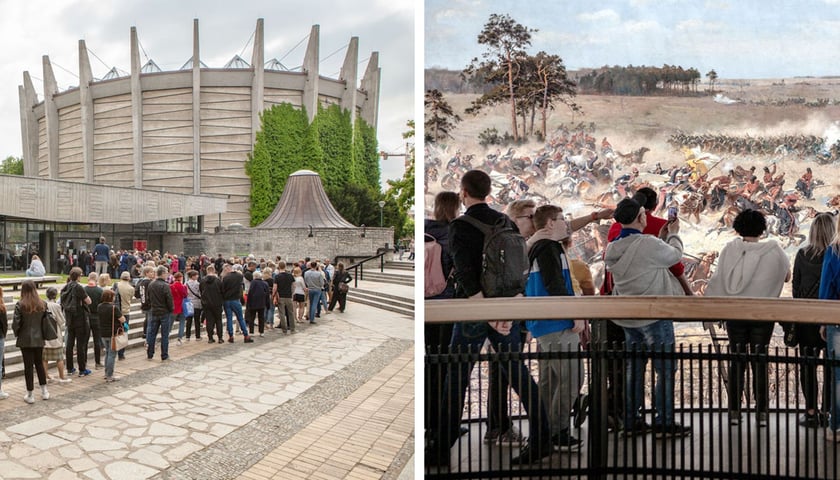 Na zdjęciu z lewej ludzie stojący w kolejce do wejścia do Muzeum Panorama Racławicka, na zdjęciu z prawej zwiedzający na platformie widokowej przed obrazem 