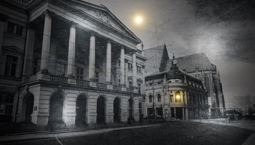 Grafika Teatru Ad Spectatores. Czarno-białe zdjęcie Opery Wrocławskiej i tajemnicza sceneria spektaklu