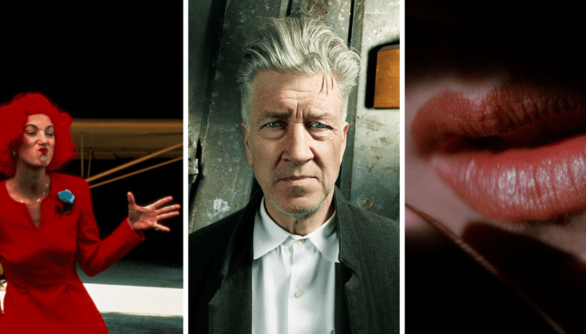 Kolaż 3 zdjęć: Kadry z filmów Twin Peaks: Ogniu krocz ze mną oraz Zagubiona autostrada, w środku portret Davida Lyncha
