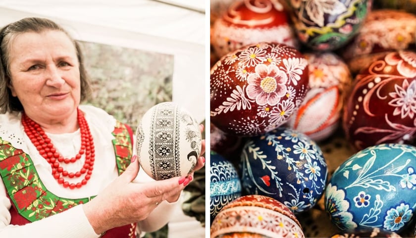 Dwa zdjęcia – z lewej twórczyni ludowa z wykonaną przez siebie pisanką, z prawej pisanki wykonane techniką batikową