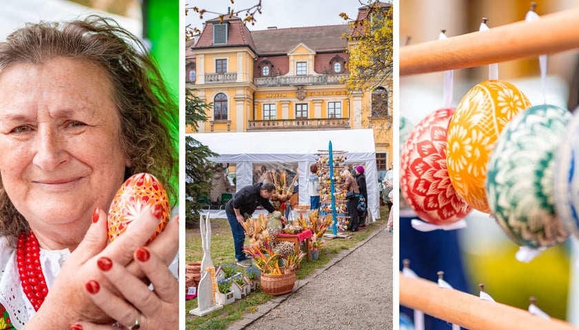 Trzy zdjęcia – z lewej twórczyni ludowa z wykonaną przez siebie pisanką, w środku kiermasz przed Muzeum Etnograficznym, z prawej pisanki wykonane techniką batikową