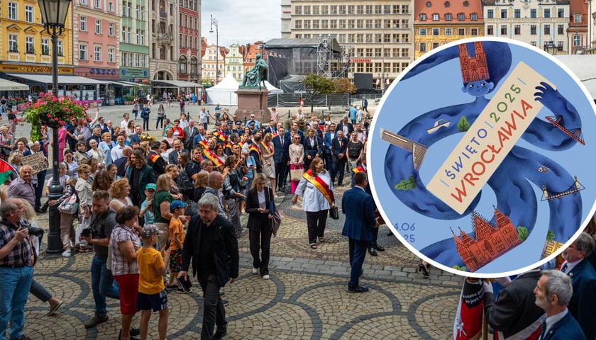 Na dużym zdjęciu obchody Święta Wrocławia 2024 na wrocławskim Rynku, na małym zdjęciu fragment plakatu Święta Wrocławia autorstwa Weroniki Konopki