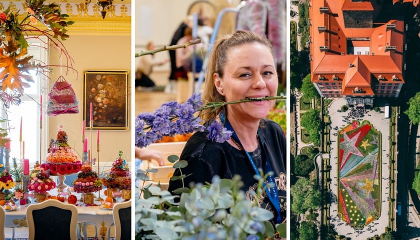 Na trzech zdjęciach – od lewej komnata z kompozycją kwiatową, w środku florystka trzymająca w ustach łodygę kwiatu, z prawej Zamek Książ i kwiatowy dywan z lotu ptaka