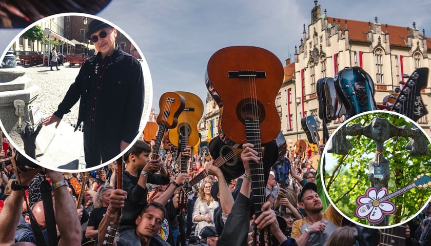 Na głównym zdjęciu gitarzyści podczas Gitarowego Rekordu Świata 2024, na zdjęciu w lewym kółku Leszek Cichoński przybija piątkę krasnalowi gitarzyście na rynku, na zdjęciu w prawym kółku pomnik Wrocławianki z gitarą i certyfikatem Gitarowego Rekordu Świata 2025