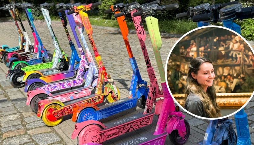 Na dużym zdjęciu hulajnogi Lime z projektu „Hulaj Art: Sztuka na kółkach”, na małym zdjęciu kobieta przed obrazem w muzeum