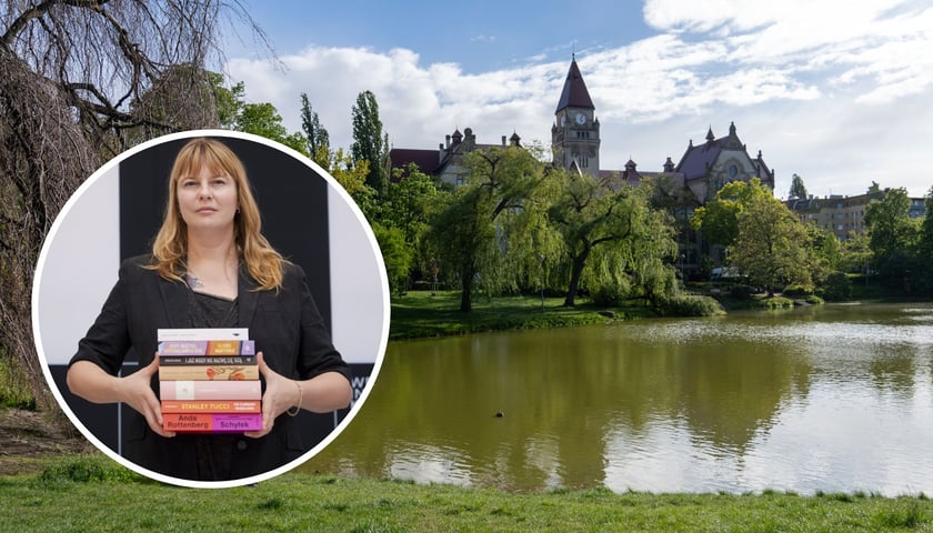 Na dużym zdjęciu Park Tołpy, w którym odbędzie się jedno z czytań Europejskiej Nocy Literatury 2025, na małym zdjęciu w kółku Karolina Sulej, kuratorka ENL z książkami, które będą czytane w tym roku