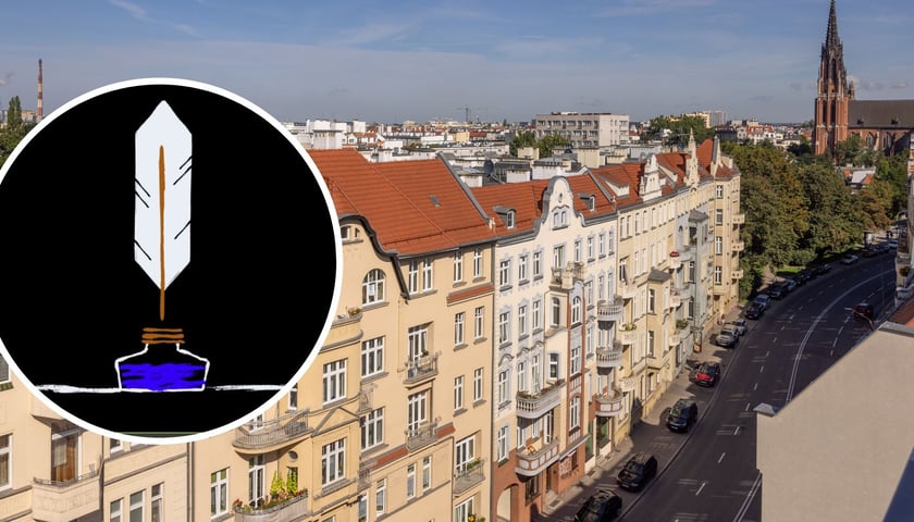 Na dużym zdjęciu ulica Wyszyńskiego z kamienicami, na małym zdjęciu w kółku kałamarz i pióro, symbol tegorocznego Europejskiej Nocy Literatury