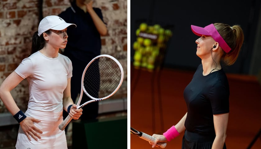 Karolina Pewnińska (Iga Świątek) i Agnieszka Dziewa (Naomi Osaka) w strojach tenisistek na próbie