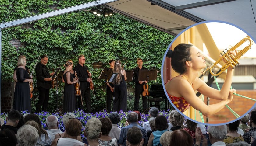 Na dużym zdjęciu Orkiestra Kameralna Wratislavia na scenie w Arsenale, na małym zdjęciu w kółku trębaczka Andrea Motis
