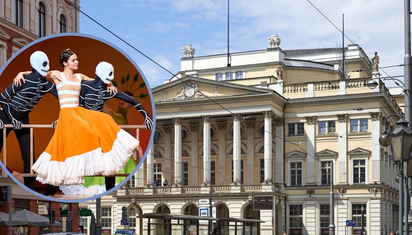 Na zdjęciu dużym gmach Opery Wrocławskiej, na zdjęciu małym w kółku scena z baletu „Frida”