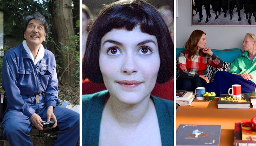 Na 3 zdjęciach od lewej – kadr z filmu „Perfect Days”, „Amelia”, „W pokoju obok”