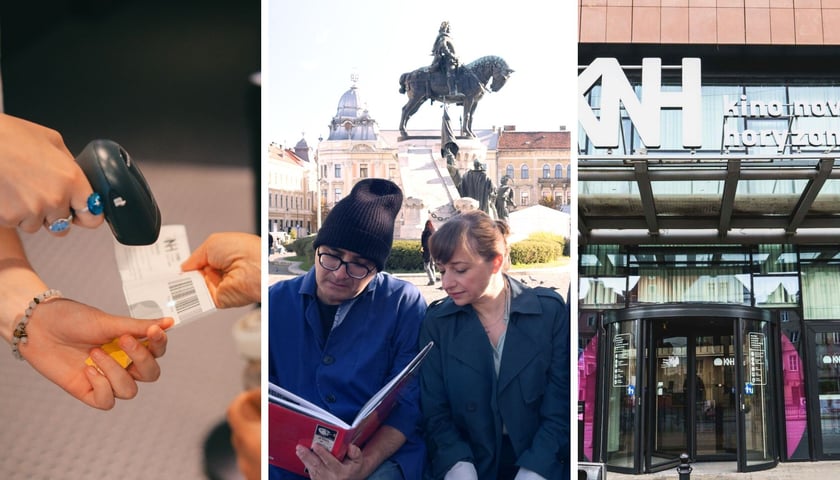 Trzy zdjęcia – z lewej skanowanie biletów przy wejściu do sali kinowej, w środku kadr z filmu „Kontinental '25” w reż. Radu Jude, z prawej wejście do Kina Nowe Horyzonty