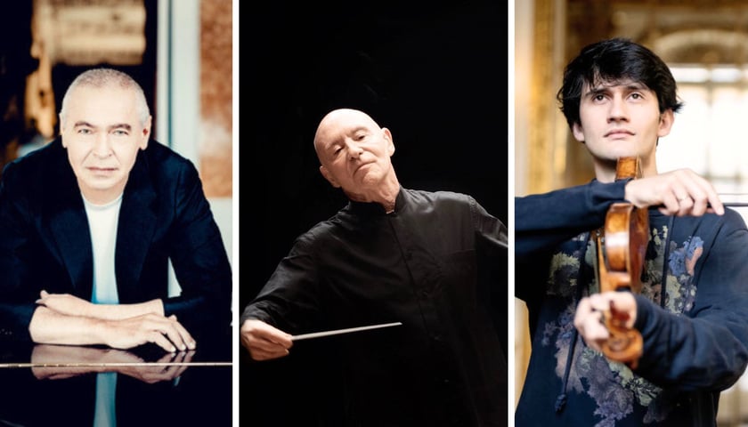 Trzy zdjęcia – z lewej Ivo Pogorelić, Maestro Christoph Eschenbach, Théotime Langlois de Swarte 