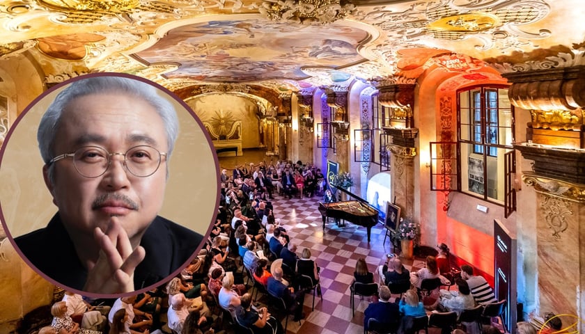 Na dużym zdjęciu sala Oratorium Marianum podczas koncertu Chopin Recitals Wrocław, w kółku na zdjęciu Đặng Thái Sơn 