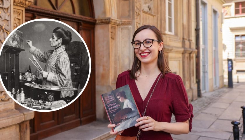 Na dużym zdjęciu Karolina Dzimira-Zarzycka z książką „Własna pracownia”, na małym zdjęciu w kółku Olga Boznańska w pracowni przy ul. Wolskiej w Krakowie, ok. 1920