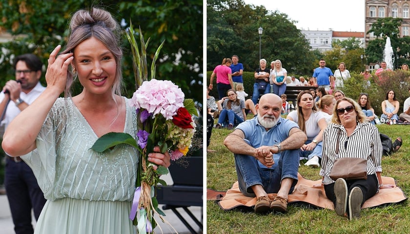 Kobieta z kwiatami w ręku, ludzie siedzący na trawie. Justyny Woźniak: Koncert Muzyczne Parki Wrocławia