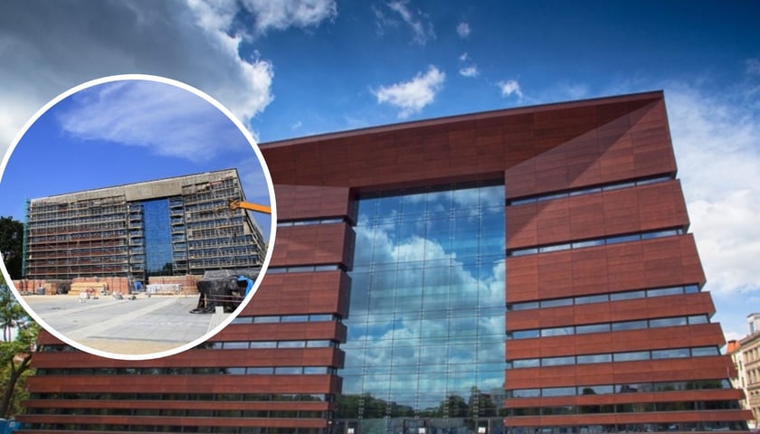 Narodowe Forum Muzyki we Wrocławiu (w kółeczku archiwalne zdjęcie z budowy NFM)