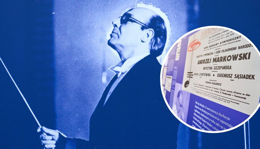 Na dużym zdjęciu Andrzej Markowski dyrygujący, na małym zdjęciu w kółku fragment planszy wystawowej w Muzeum Pana tadeusza