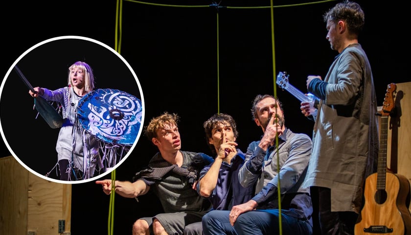 Na dużym zdjęciu scena ze spektaklu „W drodze”, na małym zdjęciu w kółku scena ze spektaklu „Wikingowie z północnej ulicy”