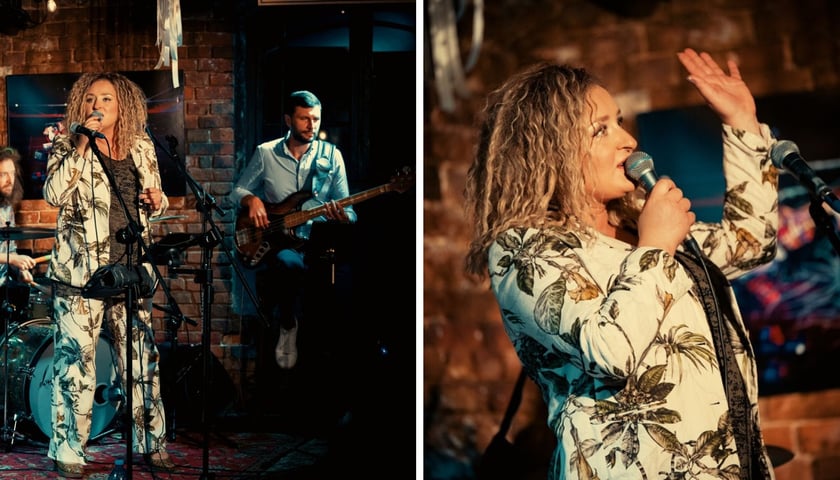 na zdjęciach Natalia Lubrano i jej zespół w klubokawiarni Mleczarnia podczas koncertu