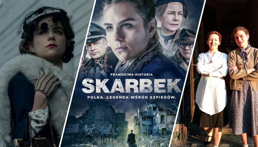 Trzy zdjęcia – z lewej Morgane Polański jako Krystyna Skarbek w filmie, w środku plakat filmu, z prawej Eliza Głowicka-Wolska z Morgane Polański na planie filmu „Skarbek”