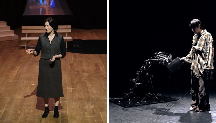 Na zdjęciu z lewej Maja Ostaszewska w spektaklu „Kofman. Podwójne wiązanie”, z prawej Tajwańczyk Huang Yi z robotem podczas spektaklu